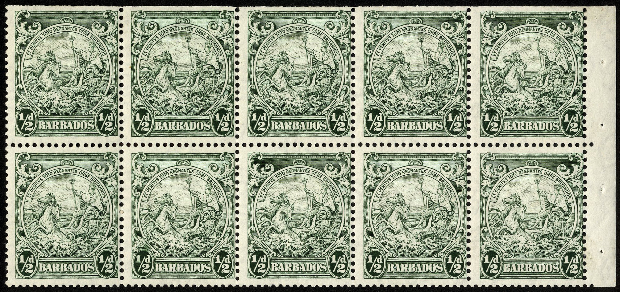 Barbados. 1938 ½d perf 13½ x 13 booklet pane of ten, selvedge at right, mint with top perfs clipped.