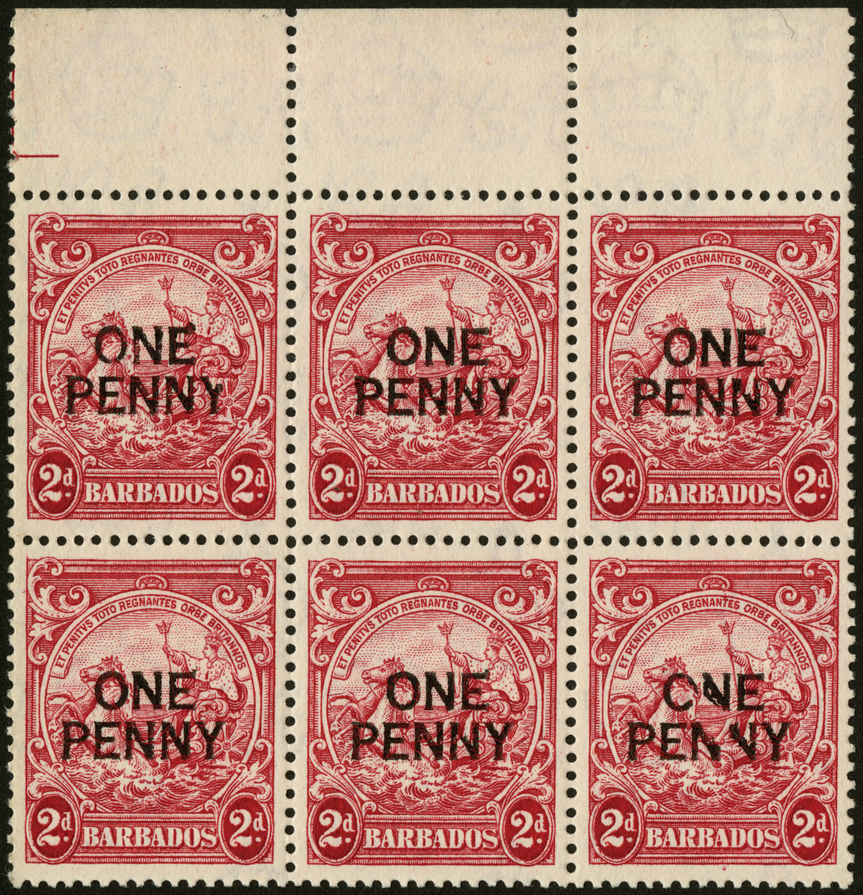Barbados. 1947 1d on 2d perf 13½ x 13 mint positional block of six, R2/8 broken 'N's, hinged on