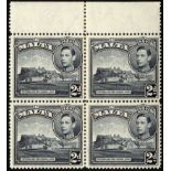 Malta. 1938 2d slate-black unmounted mint top marginal block of four, lower right stamp with R2/7