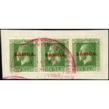 Samoa. 1916 ½d yellow-green strip of three on piece, tied by the POSTES ET TELEGRAPHES/MADAGASCAR/