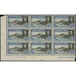 Ascension. 1944-53 6d perf 13 corner block of nine unmounted mint with CP1 and part imprint, R9-10/1