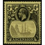 Ascension. 1924-33 4d grey and black on yellow paper mint, R2/1 broken mast. Small inclusion on