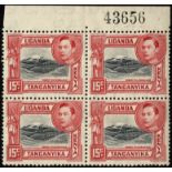 Kenya, Uganda and Tanganyika. 1938 15ct black and rose-red perf 13¼ top marginal block of four