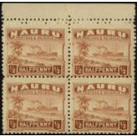 Nauru. 1924-34 ½d rough paper mint top marginal block of four with double perforations at top, minor