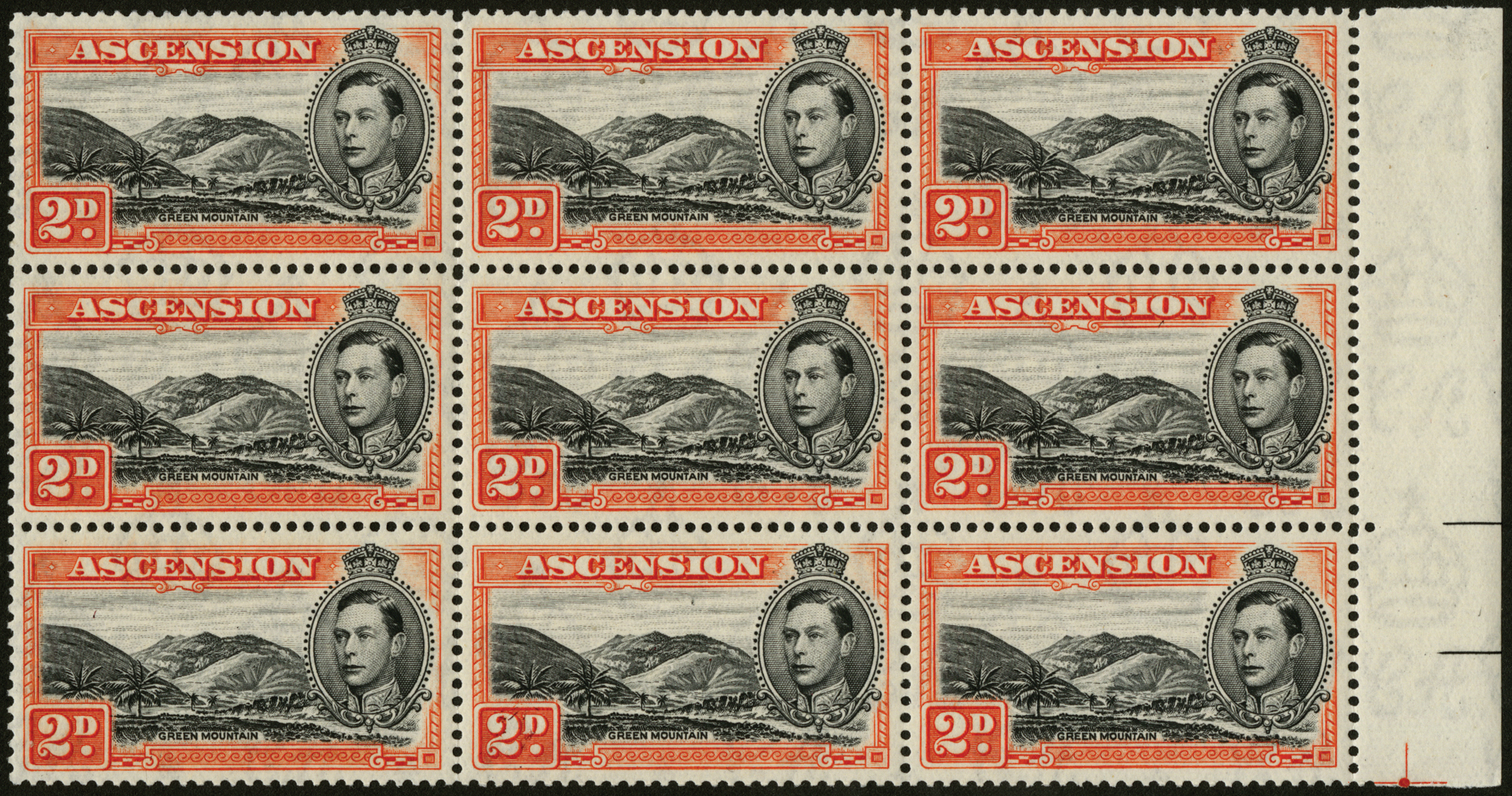 Ascension. 1945-9 2d black and red-orange, perf 13. Unmounted mint marginal block of nine with R4/