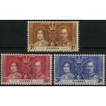 Gambia. 1937 Coronation set of three perforated SPECIMEN Type B9, mint with quite heavy hinge