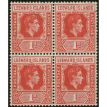 Leeward Islands. 1948 1d red unmounted mint block of four, top left stamp with R7/3 LP 'DI' flaw;