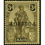 Malta. 1926 3d black on yellow paper with POSTAGE inverted, unmounted mint with just a hint of the