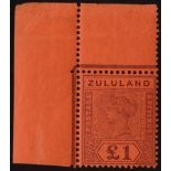 South Africa. Zululand. 1894 £1 purple on red paper mint top left corner example, the stamp