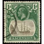 Ascension. 1933 1d grey-black and bright blue-green, fine used with R4/10 break in vignette frame at