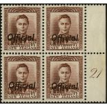 New Zealand. Officials. 1938 1½d purple-brown unmounted mint right-marginal block of four with Plate