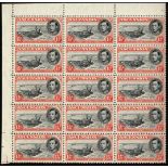 Ascension. 1944 1½d black and vermilion perf 13 corner block of fifteen, R5/1 davit flaw and showing