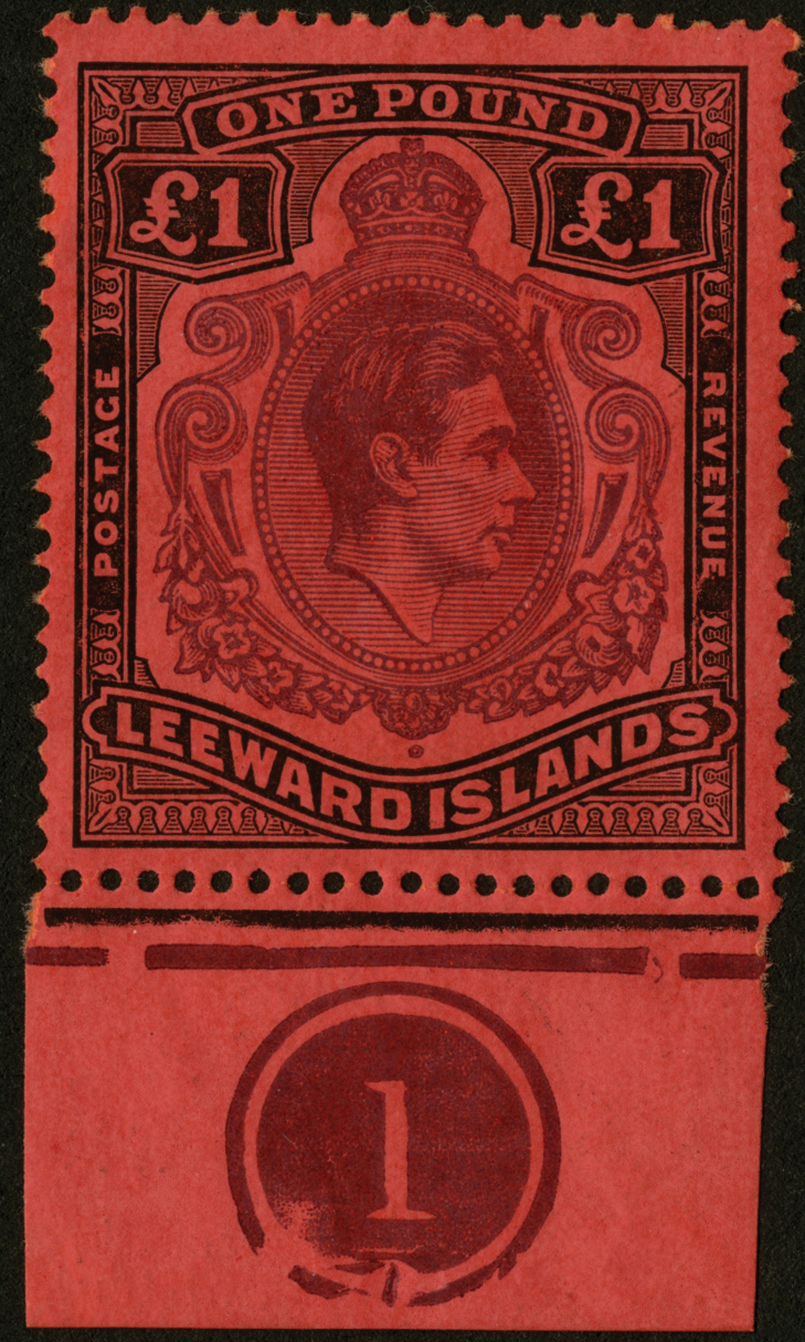 Leeward Islands. 1942 (Feb.) £1 unmounted mint bottom marginal example with Plate plug, HPF #59ii