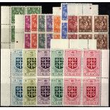 St Lucia. 1949 set of fourteen in unmounted mint blocks of four. SG 146-59 (£192)/CW 27-40