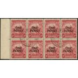 Barbados. 1947 1d on 2d perf 13½ x 13 CTO'd marginal block of eight, upper right stamp with R11/4