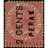 Malaya. Perak. 1883 2ct on 4ct rose, overprint Type 9, unused without gum; a little stained. RPS