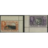 Falkland Islands. 1944 10/- and £1 printings on greyish paper, unmounted mint corner examples. SG