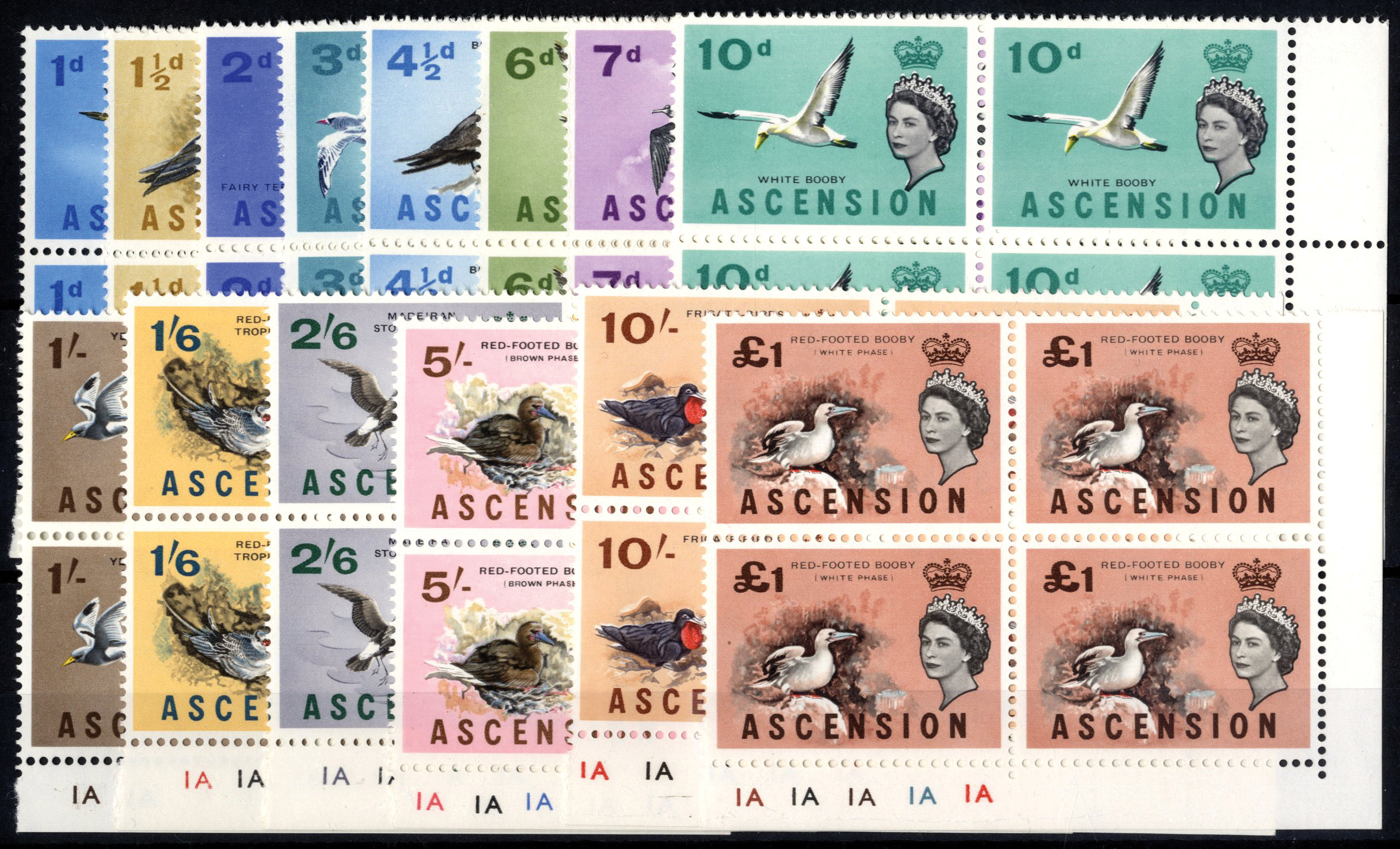 Ascension. 1963 Birds set of fourteen in unmounted mint Plate blocks of four. SG 70-83 (£240)