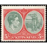 St Kitts-Nevis. 1943-5 5/- ordinary paper, perf 14, fine mint with R7/1 break in oval at left. SG