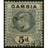 Gambia. 1905 5d grey and black, watermark MCA with R1/6 LP dented frame, used with part registered