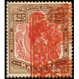 Malaya. Malacca Revenues. 1950 $25 red and brown, red seal cancel. Barefoot 1