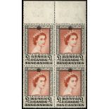 Kenya, Uganda and Tanganyika. 1942-9 1/- black and brown, perf 13 x 11¾. Unmounted mint block of