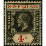 Fiji. 1921 4d black and red on pale yellow paper with watermark inverted, thinned on reverse. SG