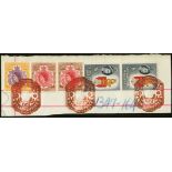 Singapore. Revenues. 1954 QE $25 (2) and $500, plus 2 x $5, on piece of document with red seal