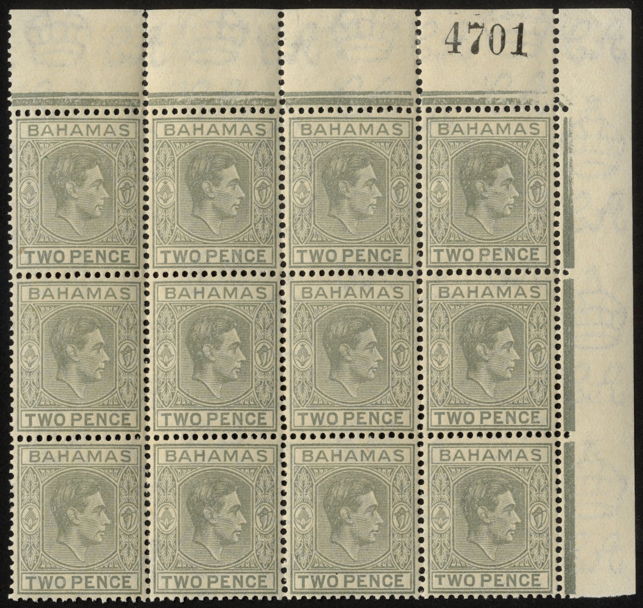 Bahamas. 1938-41 2d pale slate mint corner block of twelve, the stamps unmounted, R3/6 RP short 'T'. - Image 2 of 2