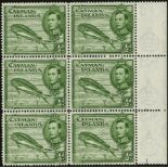 Cayman Islands. 1943 ½d green perf 14 unmounted mint marginal block of six, fresh, missing 'A' of CA