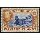 Falkland Islands. 1938 5/- indigo and pale yellow-brown, fine mint with RPS Certificate (1990). SG