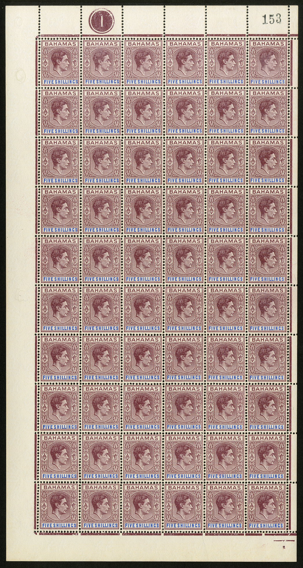 Bahamas. 1942-8 5/- ordinary paper complete left pane of sixty, unmounted mint with creamy gum.