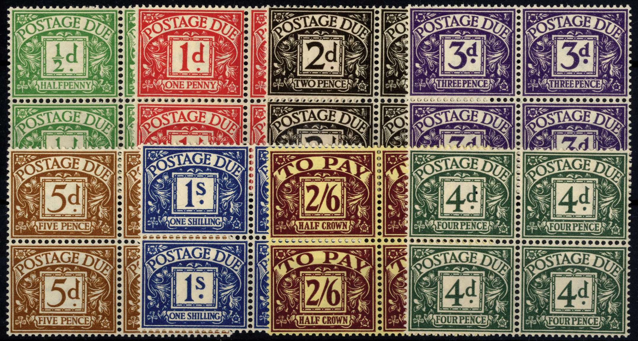 Great Britain. Postage Dues. 1937-8 set of eight in unmounted mint blocks of four. SG D27-34 (£