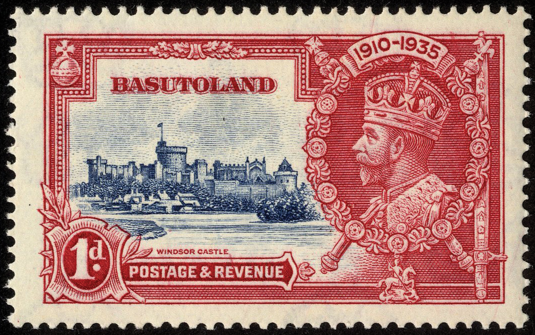 Basutoland. 1935 Silver Jubilee 1d fine mint, Pl. 2A R10/1 or 2 diagonal line to left of turret.