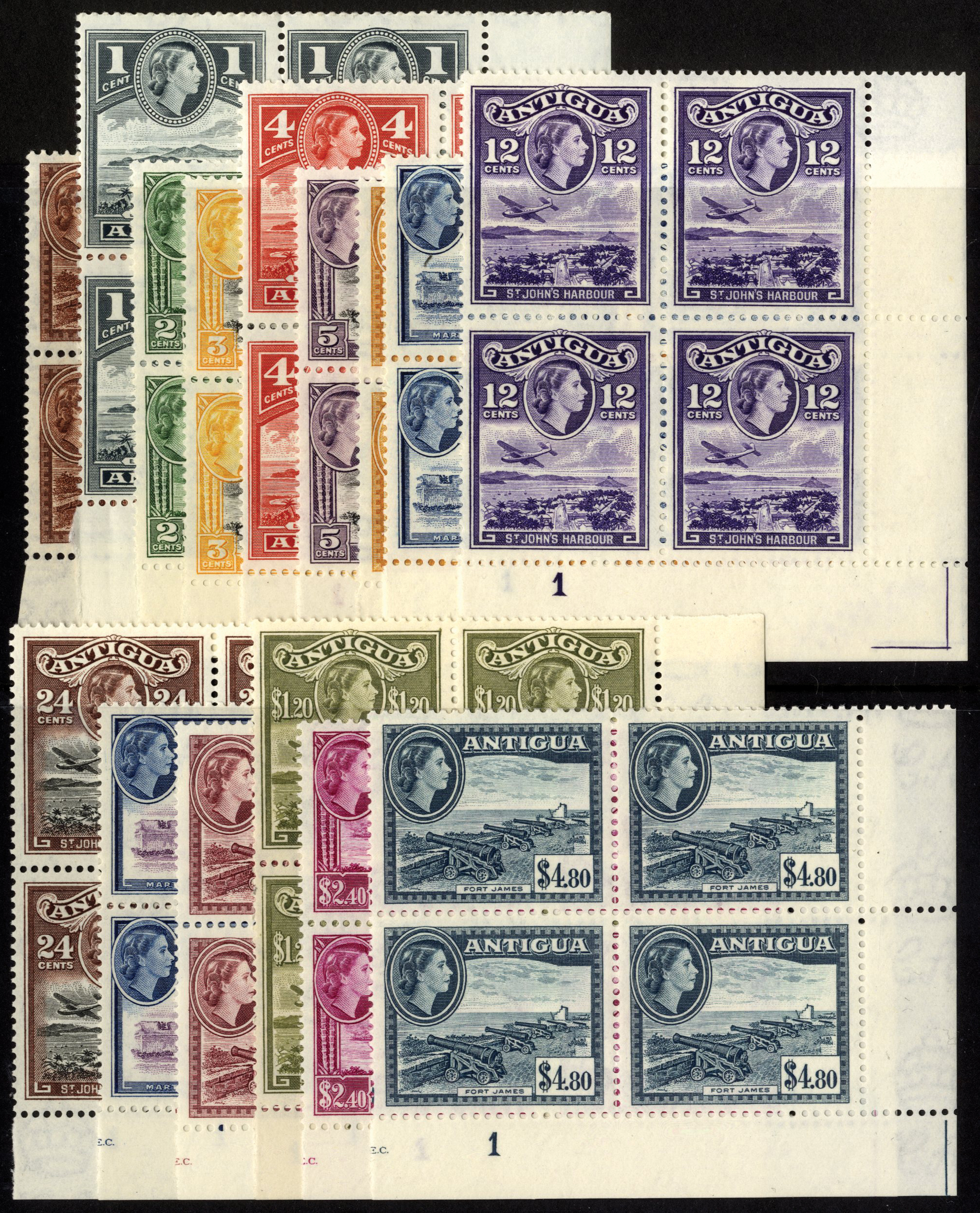 Antigua. 1953-6 set of fifteen in unmounted mint Plate blocks of four. SG 120a-34 (£340)