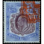 Malaya. Straits. 1906-12 KEVII $25 purple and blue on blue paper, fiscally used example with part