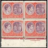 St Kitts-Nevis. 1946 3d deep violet and scarlet in an unmounted mint bottom marginal block of