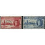 Aden & States. 1946 Victory pair perforated SPECIMEN Type D21, fine mint. SG 28s-29s (£140)/CW SP