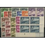 Antigua. 1938-51 set of twelve in unmounted mint blocks of four, the 10/- an imprint block and