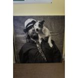 Monochrome photograph, Simon with a wire haired Jack Russell on his shoulder, On canvas, 32 x 32