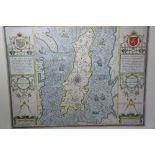 John Speed, map of the Isle of Man hand coloured, 1676 Ed Bassett and Chiswell, scale 5 miles = 2.