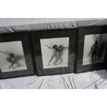 Three black and white photographs of a nude man in various poses, 19 x 15 ins, Framed and glazed