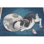 Japanese school, Cat catching a rat in a paper lantern, block print, 13 X 18ins