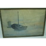 R Tawy 20thC Chinese? Sanpan at anchor, watercolour, signed and chop mark, 12 X 18ins