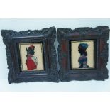 A pair of 18/19thC paintings on glass of a soldier and his girl. Size including frame 8 x 7 ins