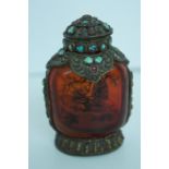 Chinese glass snuff bottle decorated with internal scenes and brass mounts set with turquoise -