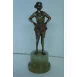 Art Deco patinated bronze figure of a woman in high heels, undergarments on an onyx base, signed