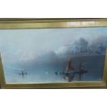 John Holden, Peel fishing boats in a flat calm, pastels, signed and dated 1897, 18 x 32 ins
