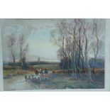 William Manners, Horse, cart, shepherd and flock on a track, watercolour, signed, 7 X 10ins