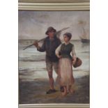 19thC English School, Fisherman and his girl, oil on canvas, 27 X 21ins